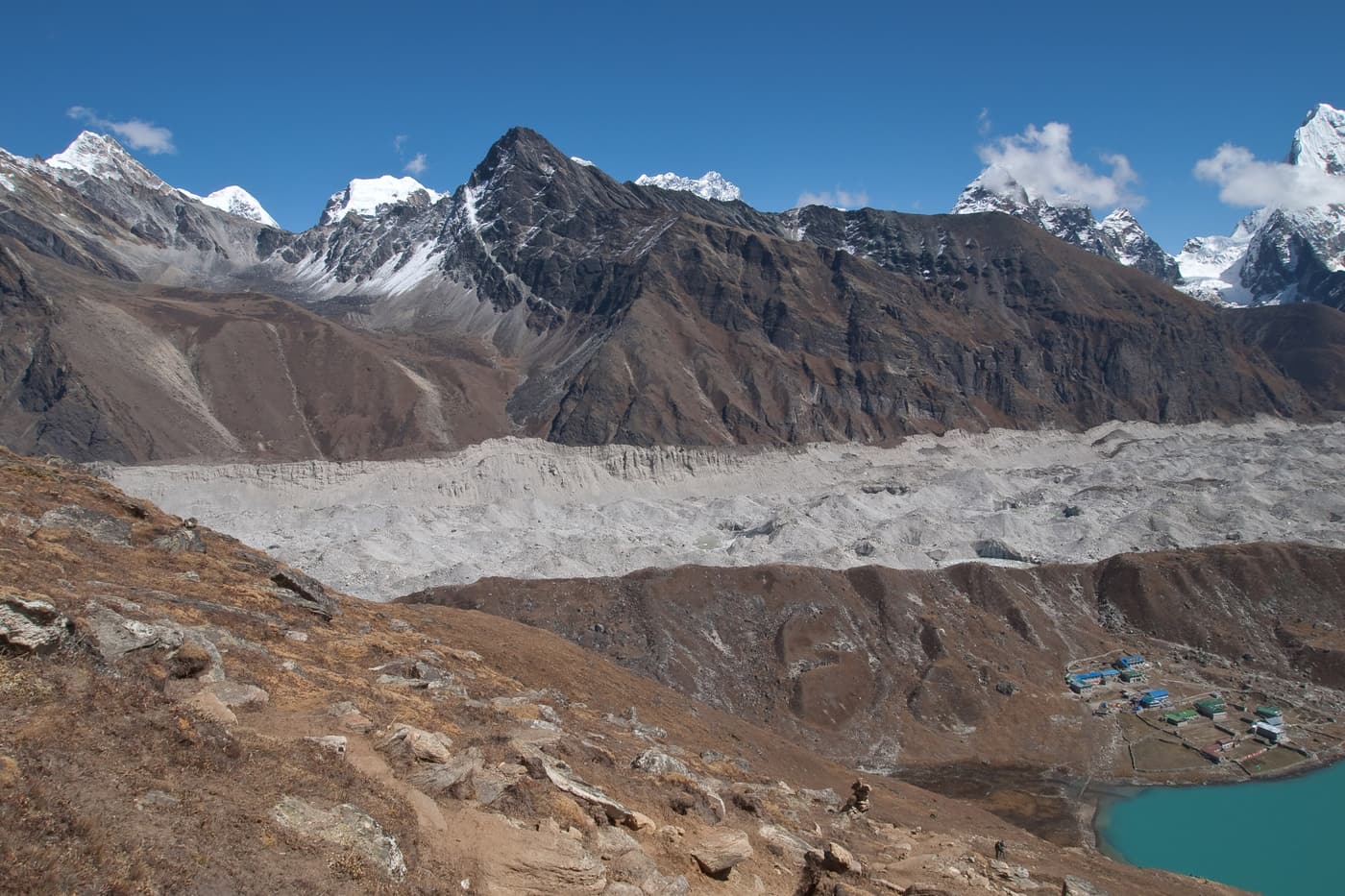Der schuttbedeckte Ngozumpa-Gletscher oberhalb von Gokyo